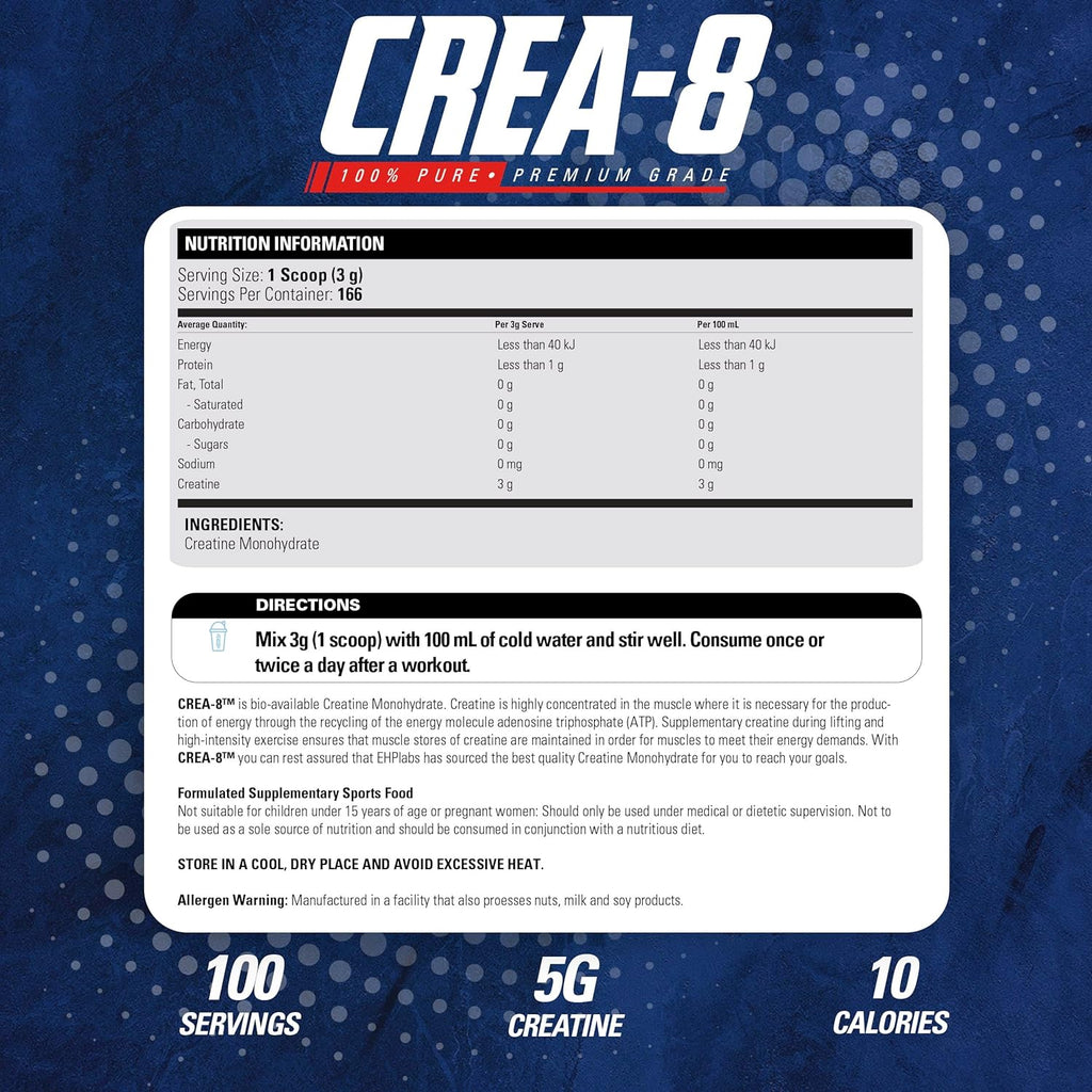 Creatine Monohydrate Powder, Unflavored - 100 Servings (500g) Y97594