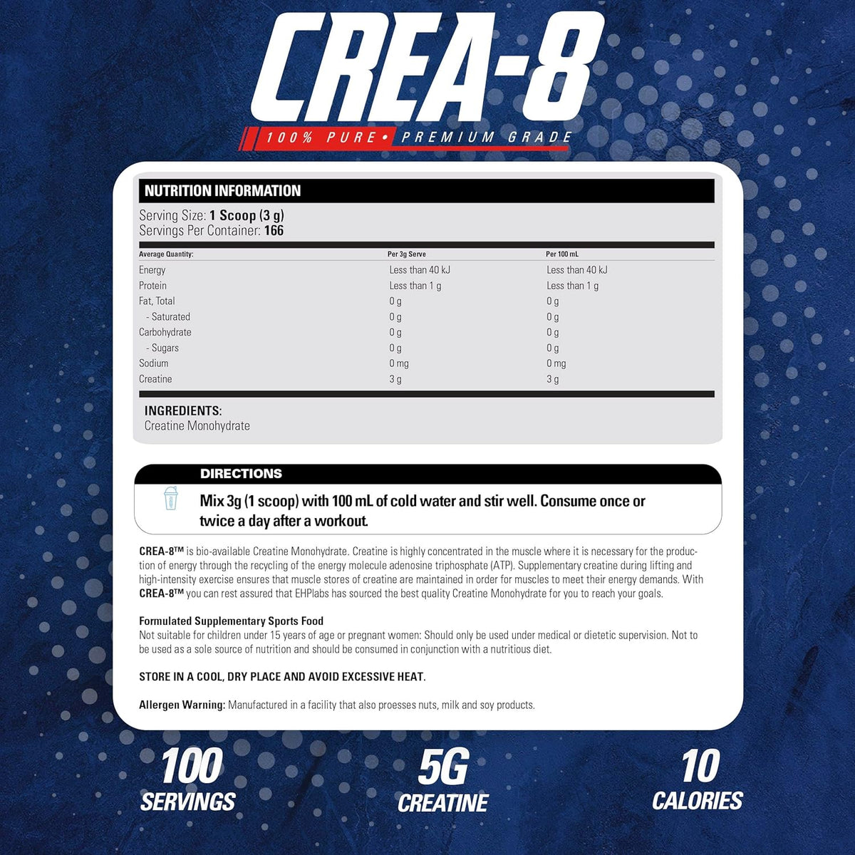 Creatine Monohydrate Powder, Unflavored - 100 Servings (500g) Y97594