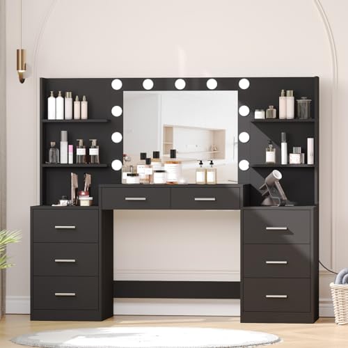 White Vanity Desk with Mirror & Lights, 8 Drawers R99151