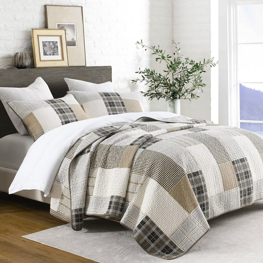 King Size 100% Cotton Beige Brown Patchwork Plaid Quilt Set 3-Piece K5475