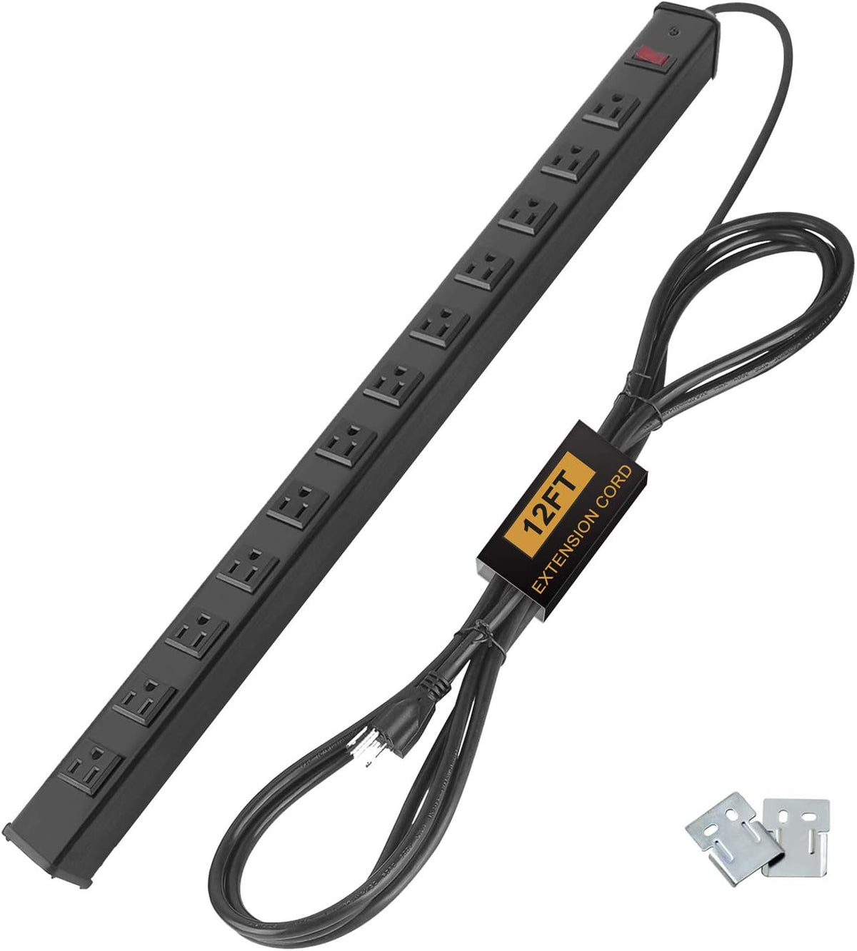 12-Outlet Heavy Duty Metal Power Strip, 12ft Cord, Black Pack of 2 W178985