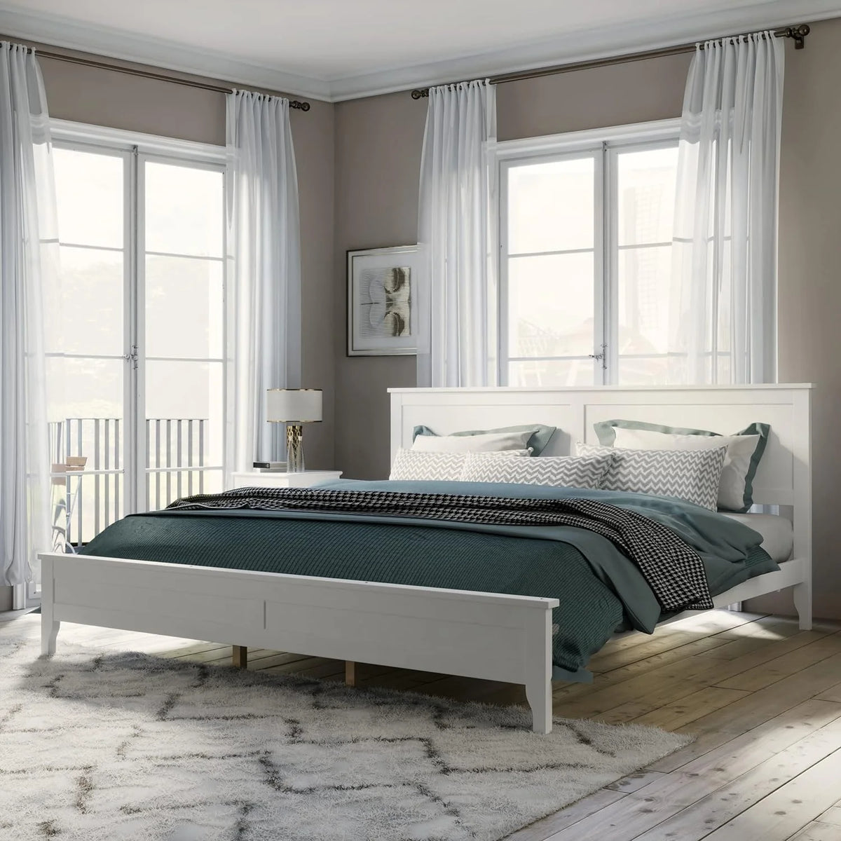 White Platform Bed with Headboard, Wood Bed Frame with Slat Support V304