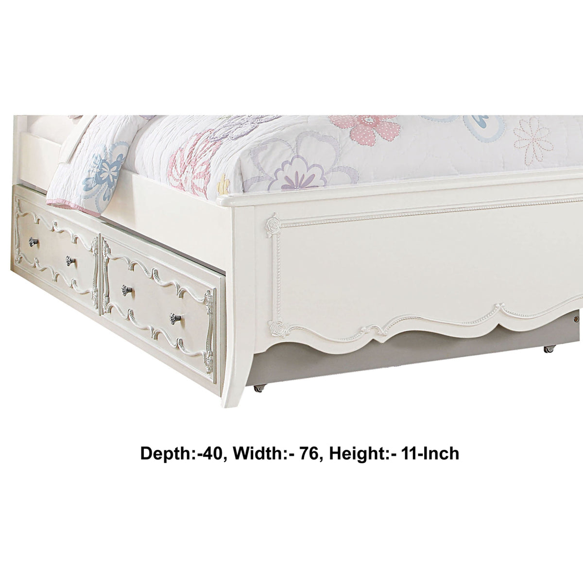 White Twin Size Wooden Trundle with Round Knobs and Caster Wheels N259994