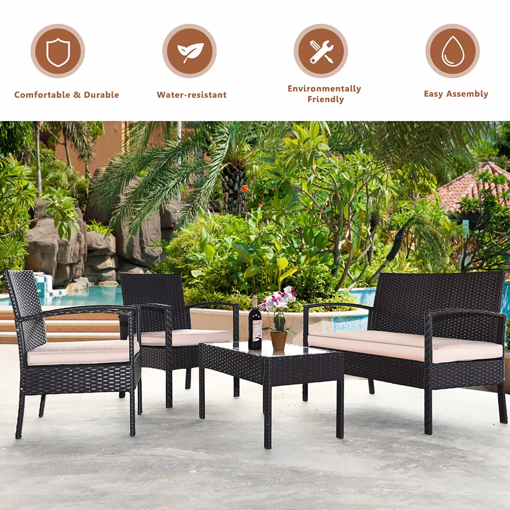 4 Pc Cushioned Patio Rattan Conversation Furniture Set E9294