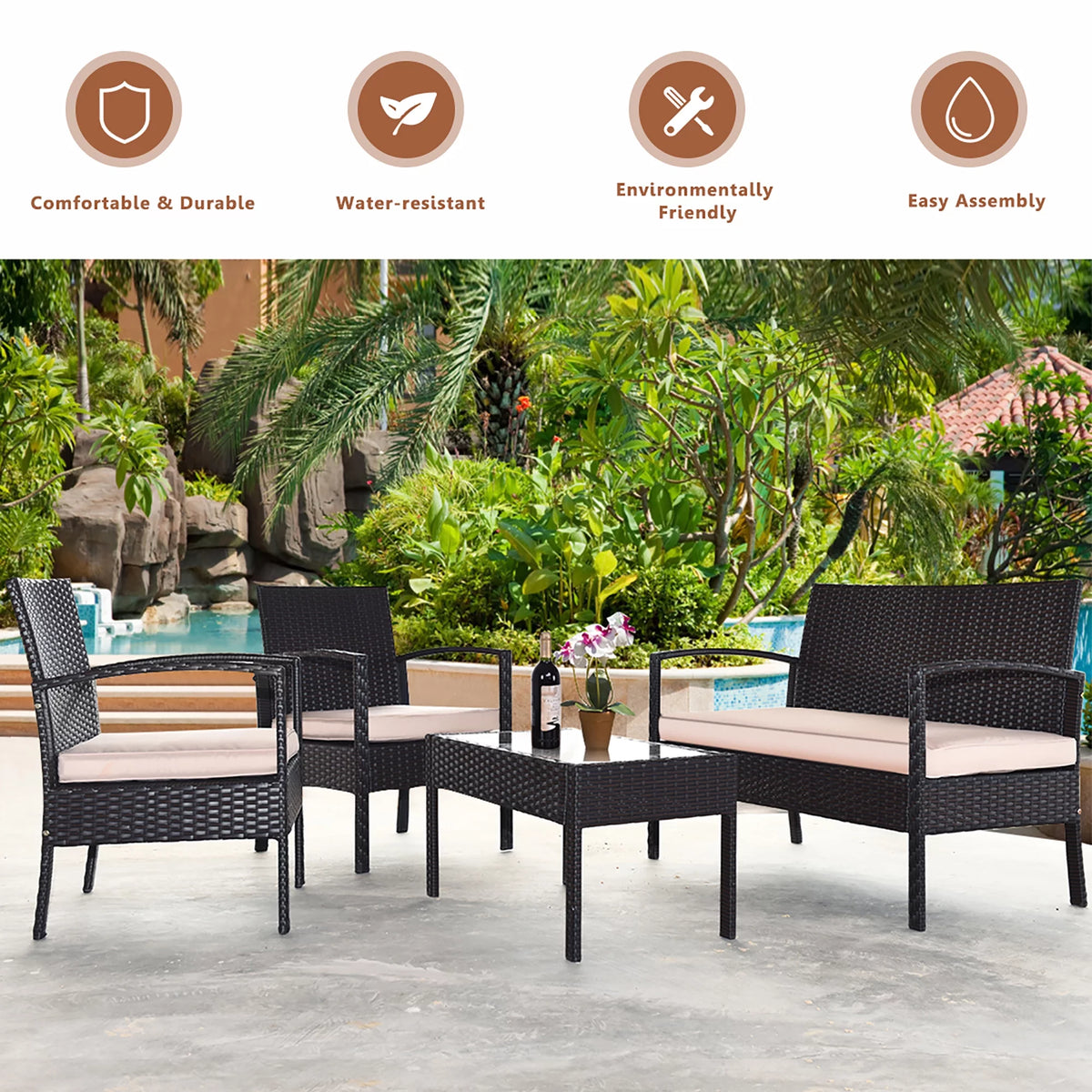 4 Pc Cushioned Patio Rattan Conversation Furniture Set E9294