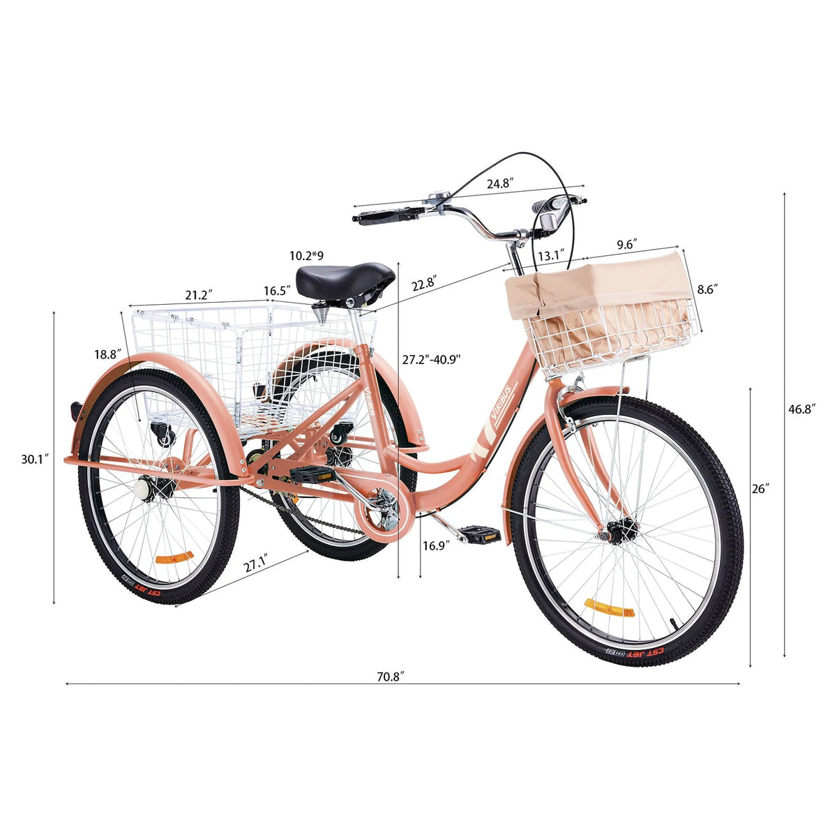 26Inch Single Speed Adult Tricycle 3 Wheel Cruiser Bike with Removable Wheeled Basket V9568