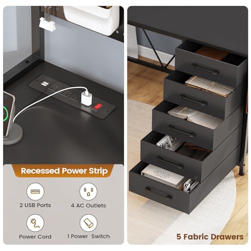 Rustic Brown L Shaped Gaming Desk with Drawers, Hutch, Storage Shelves, Pegboard, Led Lights, and Power Outlet S8283