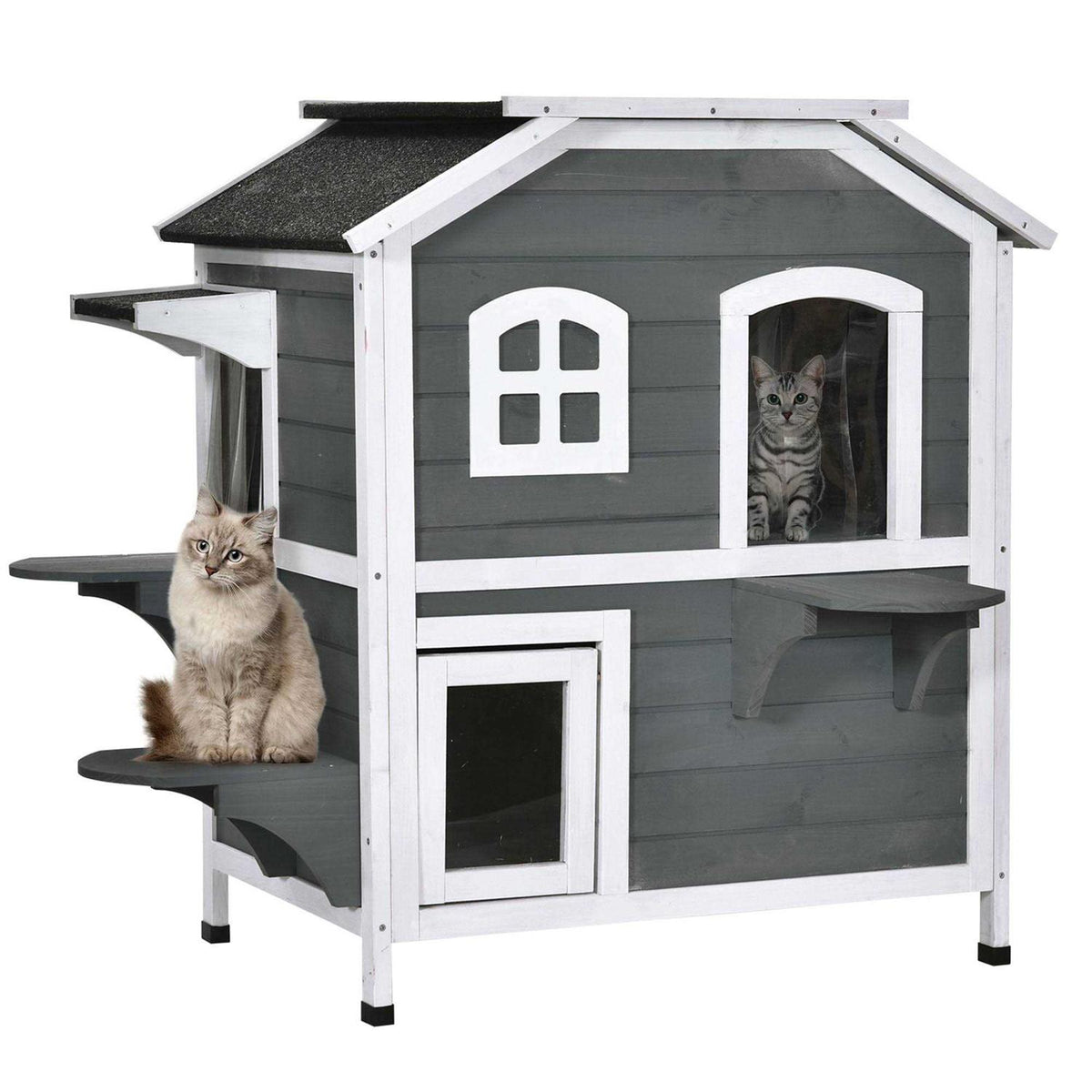Wooden 2-Story Outdoor Cat House with Escape Door S9517