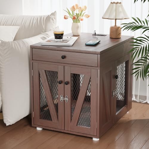 White Wooden Dog Crate End Table with Storage Drawer A110