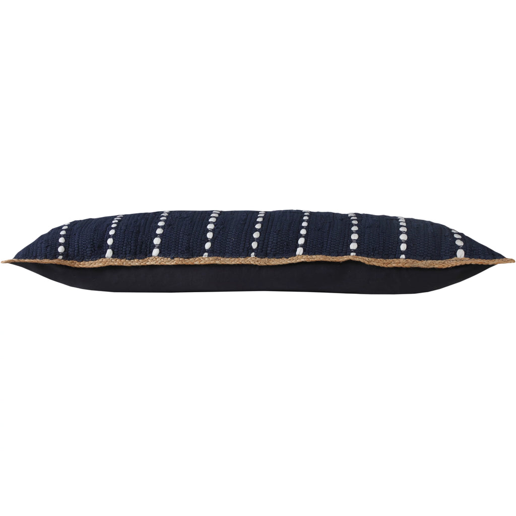 Navy Blue White Striped Jute Lumbar Throw Pillow U751851