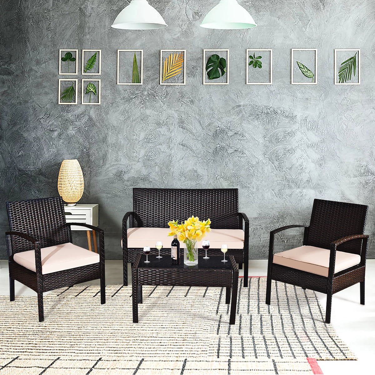 4 Pc Cushioned Patio Rattan Conversation Furniture Set E9294