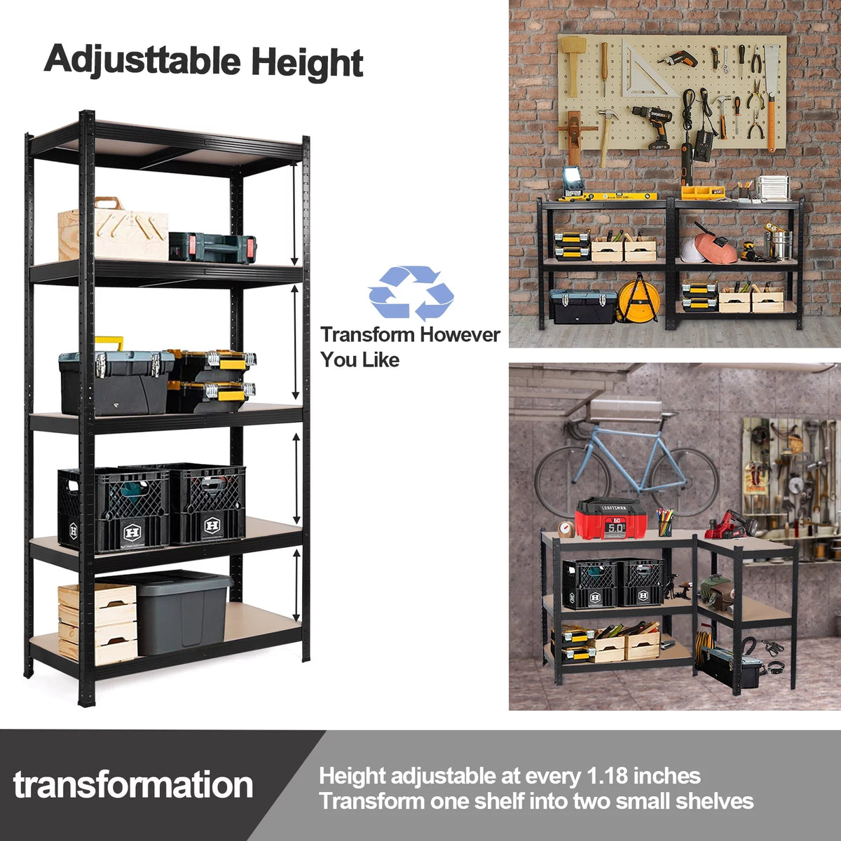 5 Tier Adjustable Heavy Duty Metal Storage Shelving, Black, 35.4" x 15.7" x 70" B966936