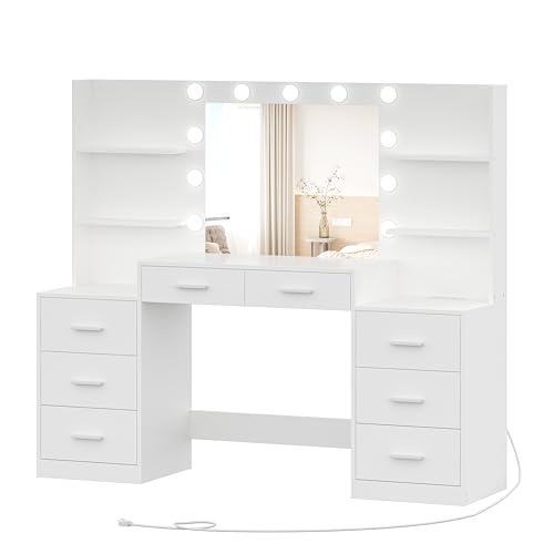 White Vanity Desk with Mirror & Lights, 8 Drawers R99151