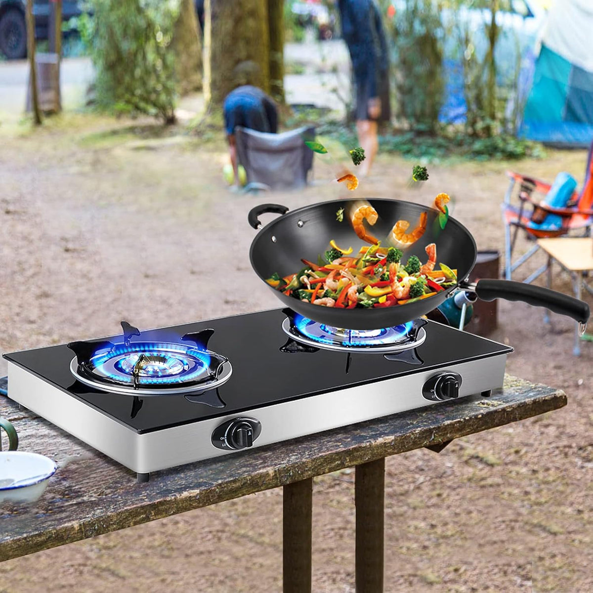 Propane Gas Cooktop 2 Burners Tempered Glass Auto Ignition Q37233