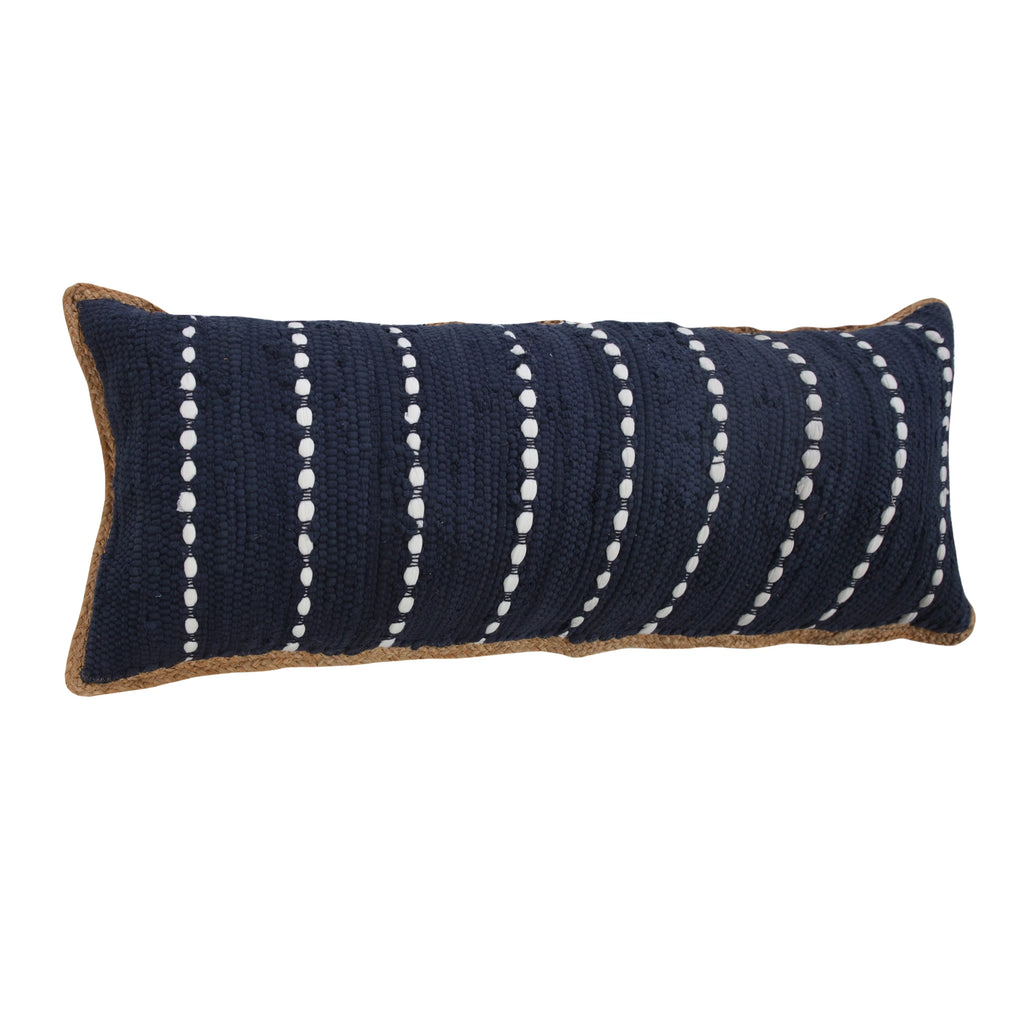 Navy Blue White Striped Jute Lumbar Throw Pillow U751851