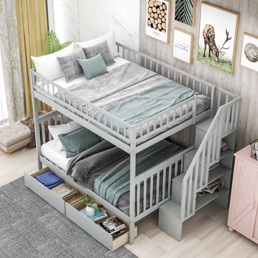 Full Over Full Bunk Bed with Storage Shelves and 2 Under Storage Drawers R9657