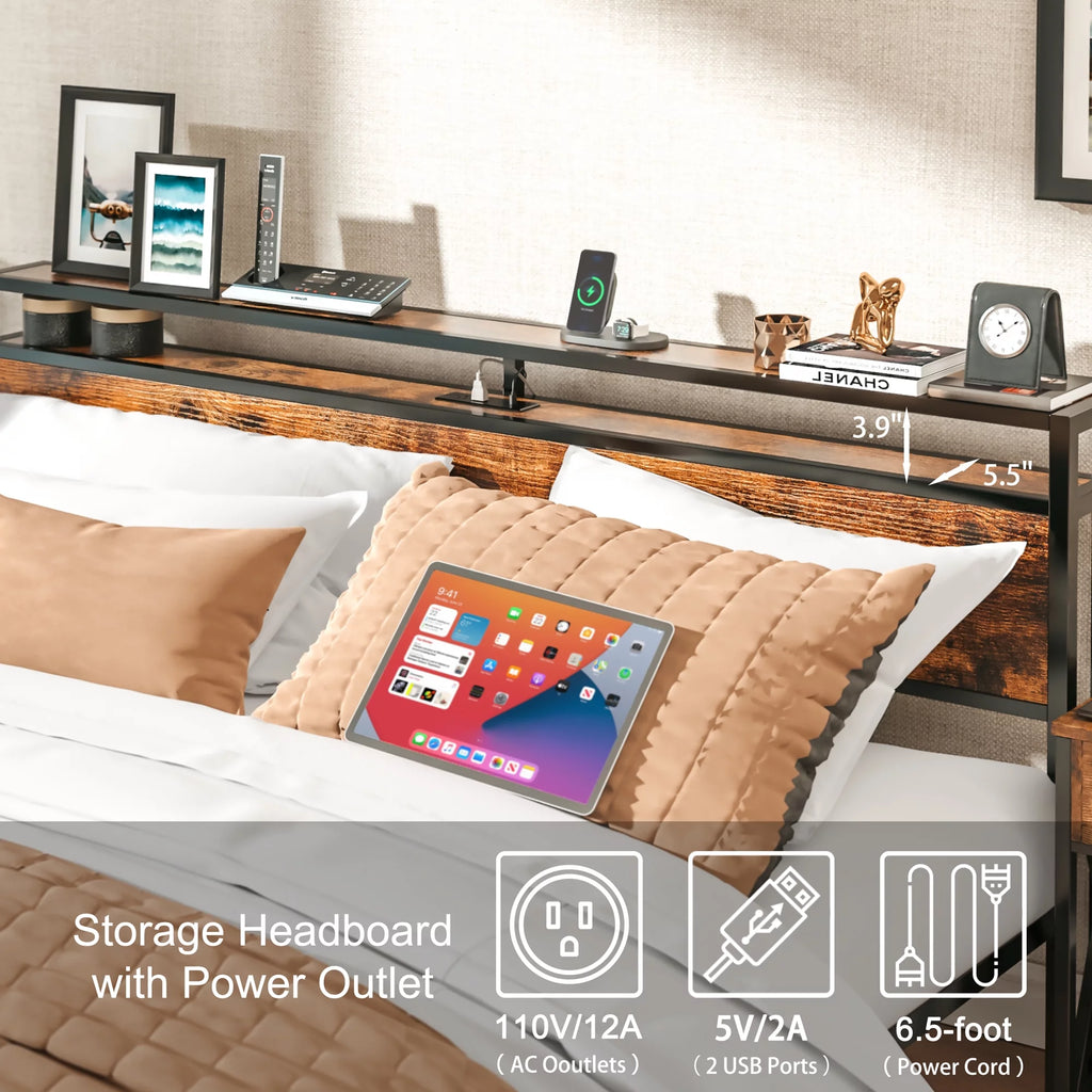 King Bed Frame with Storage Headboard and Charging Station J751
