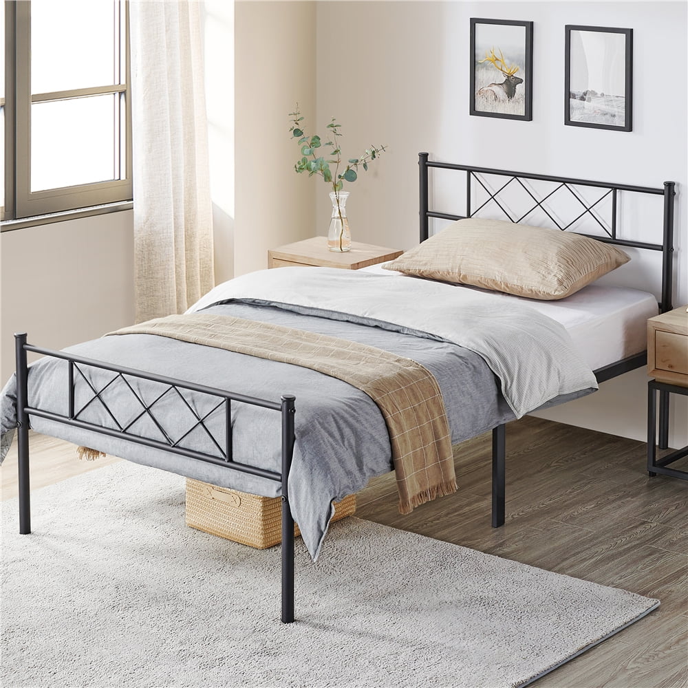 Black Twin Metal Slatted Bed Frame with Headboard Footboard U615