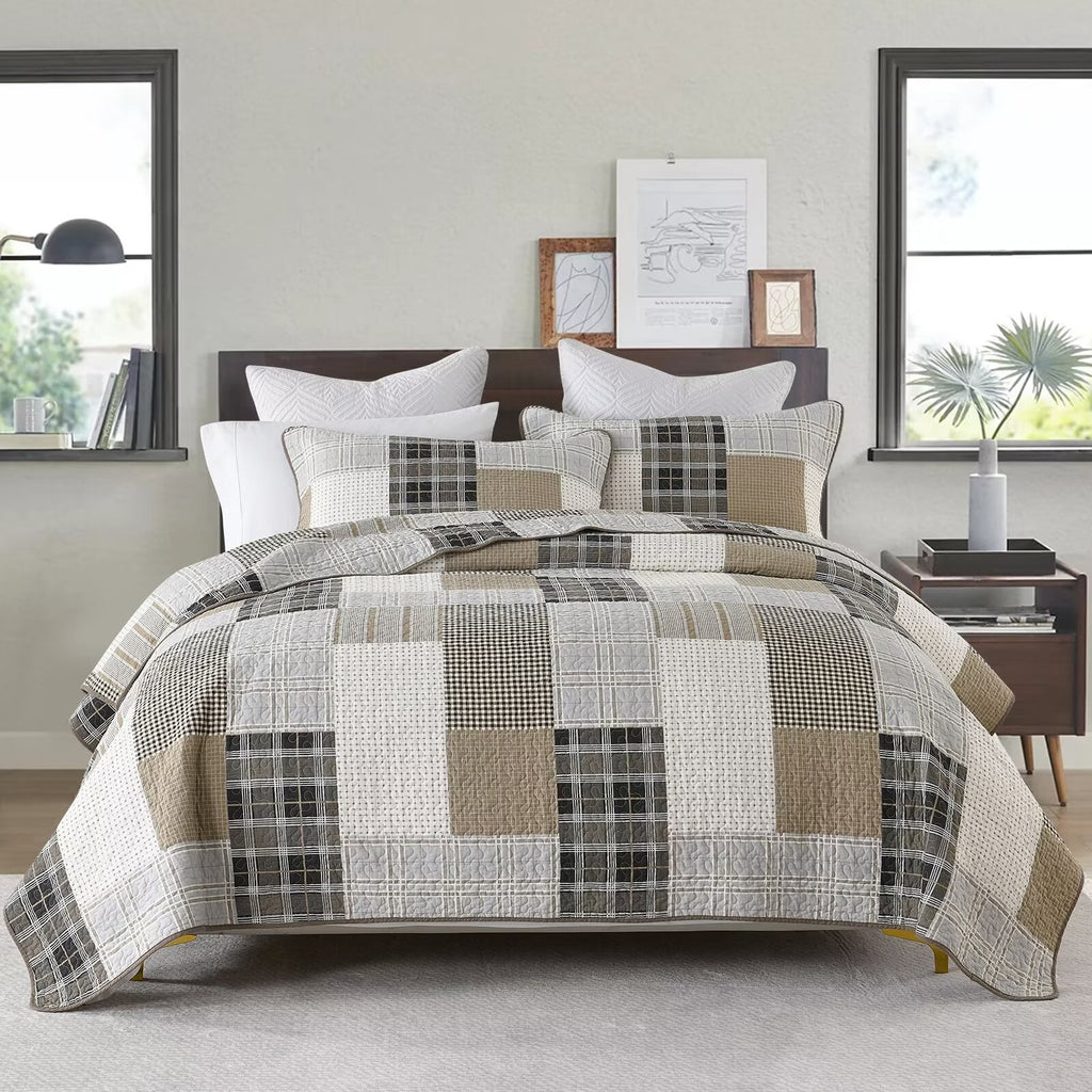 King Size 100% Cotton Beige Brown Patchwork Plaid Quilt Set 3-Piece K5475