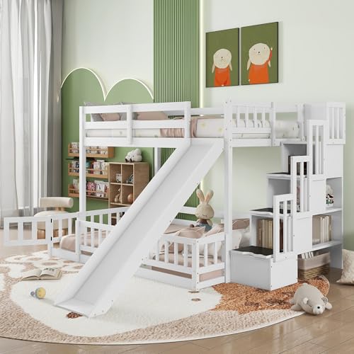 White Twin Over Full Bunk Bed with Slide and Stairs Q712