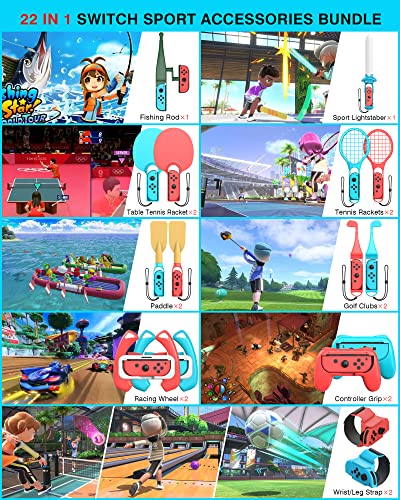 22 in 1 Switch Sports Accessories Kit with Charging Dock, Game Guns, Tennis Rackets, Golf Clubs, Wrist Bands & Leg Strap O87552