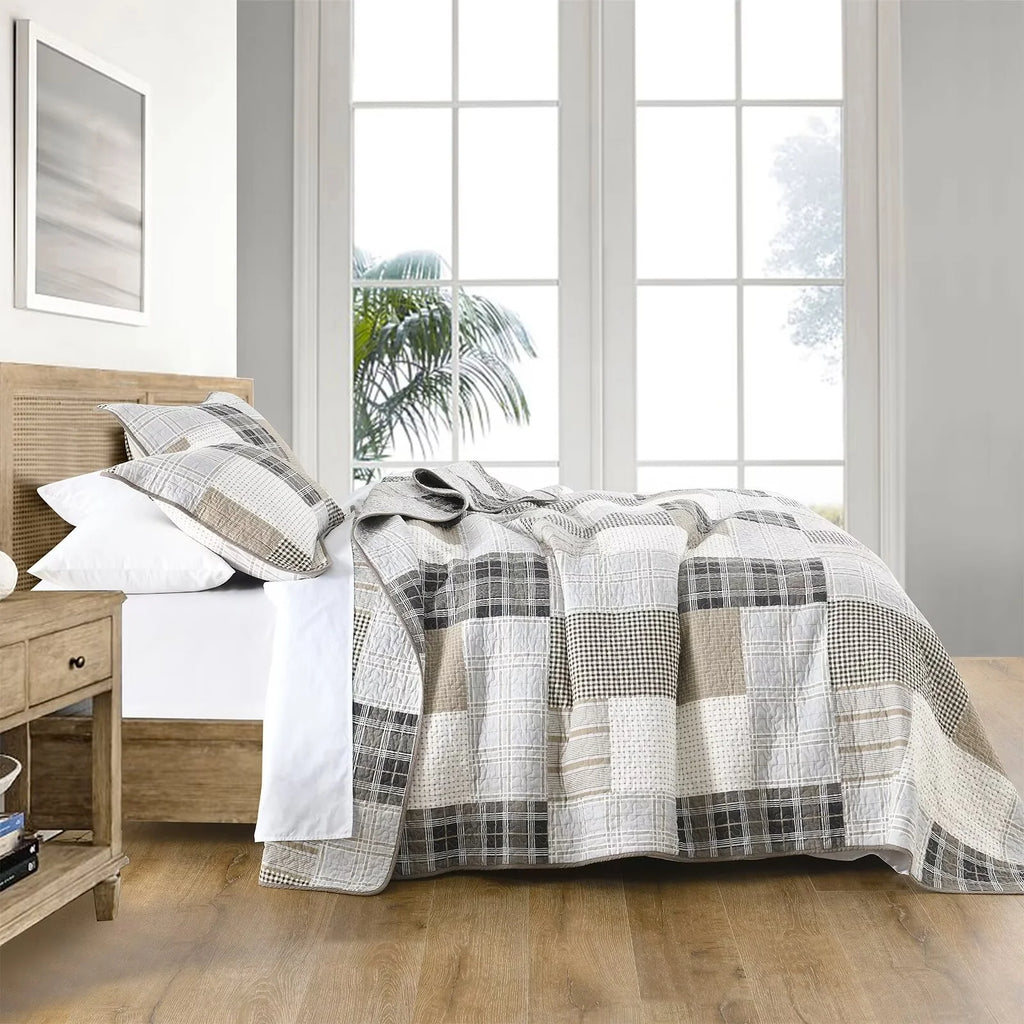 King Size 100% Cotton Beige Brown Patchwork Plaid Quilt Set 3-Piece K5475