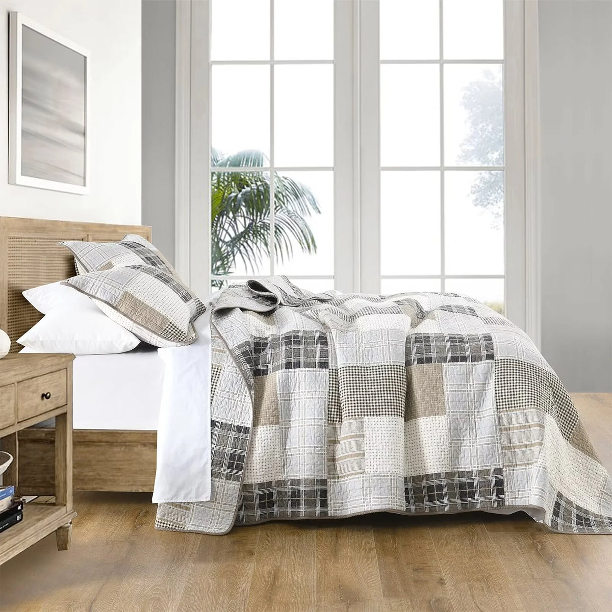 King Size 100% Cotton Beige Brown Patchwork Plaid Quilt Set 3-Piece K5475