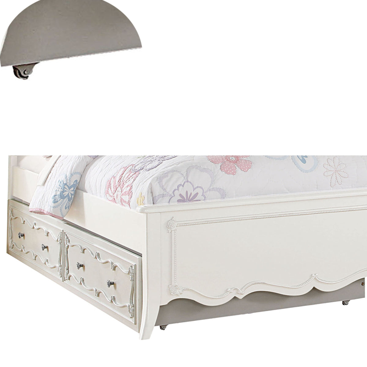 White Twin Size Wooden Trundle with Round Knobs and Caster Wheels N259994