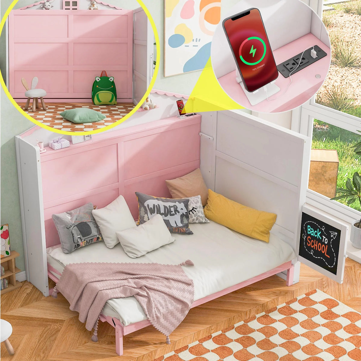 Full Size Wood Murphy Bed with Storage Shelves L615341
