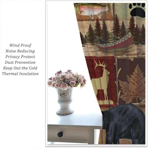 Rustic Bear Moose Deer Curtains, Retro Pine Tree Cabin Country Lodge Camping Window Treatments Vintage Tribal Aztec Abstract Geometric Blackout Window Drapes 42x63in T278