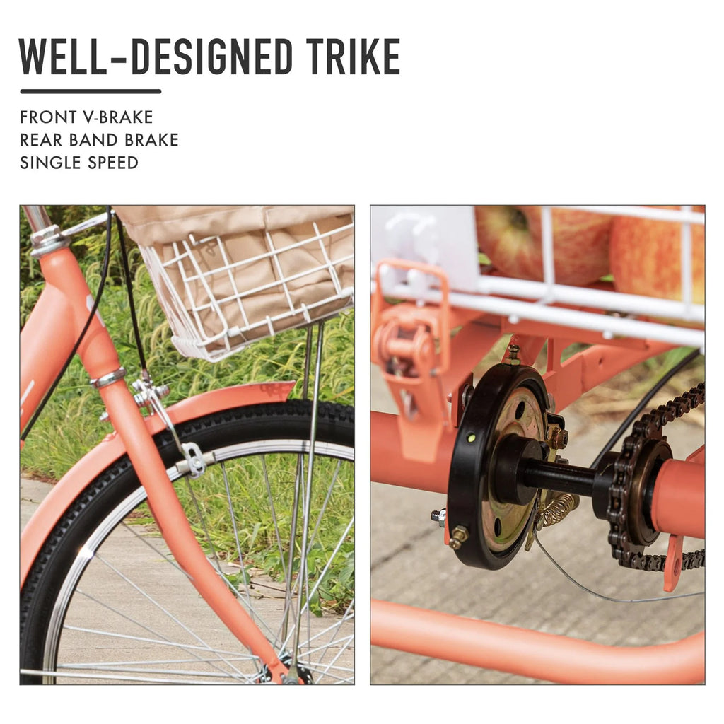 26Inch Single Speed Adult Tricycle 3 Wheel Cruiser Bike with Removable Wheeled Basket V9568