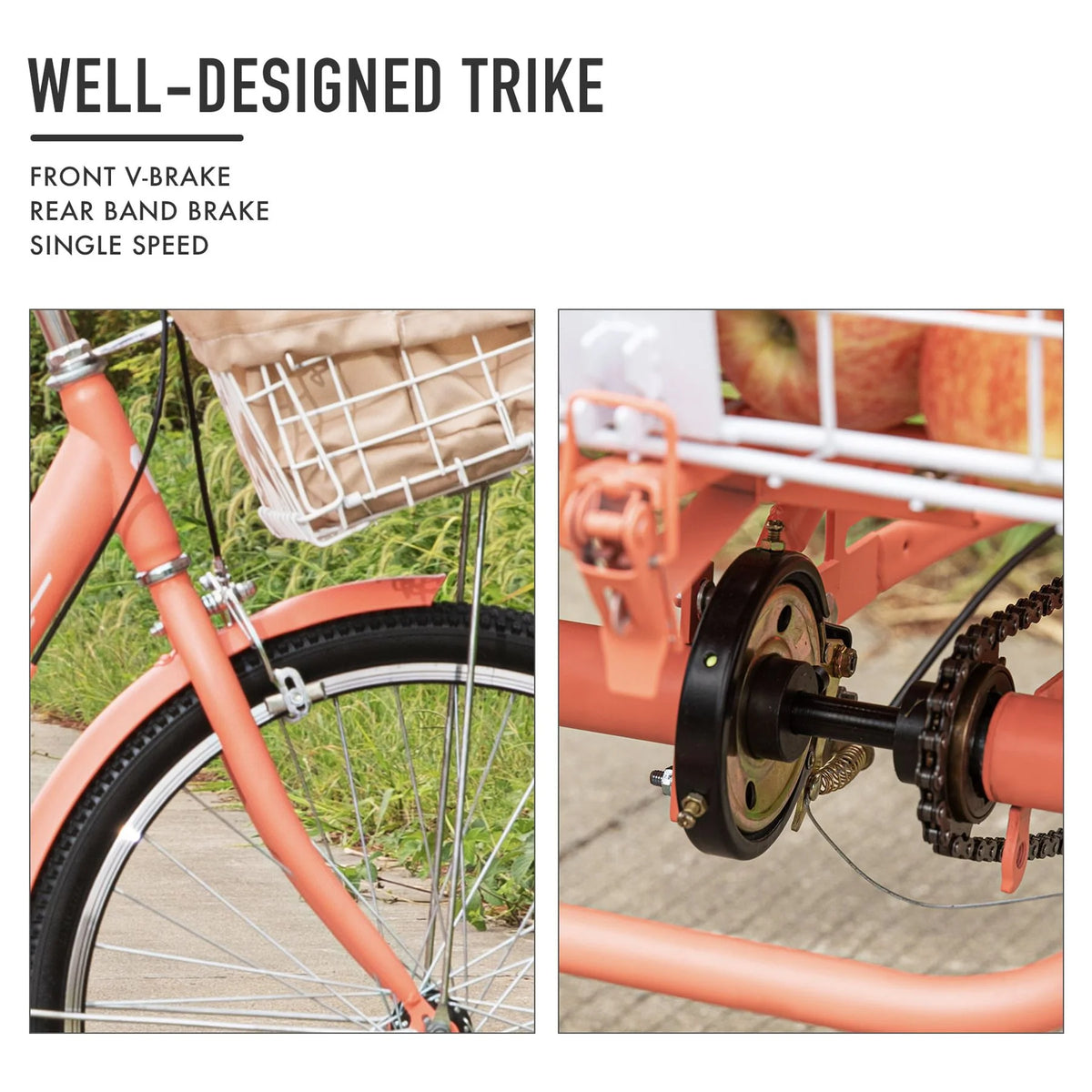 26Inch Single Speed Adult Tricycle 3 Wheel Cruiser Bike with Removable Wheeled Basket V9568