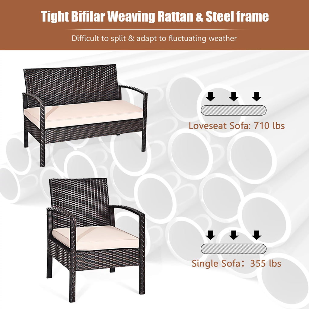 4 Pc Cushioned Patio Rattan Conversation Furniture Set E9294