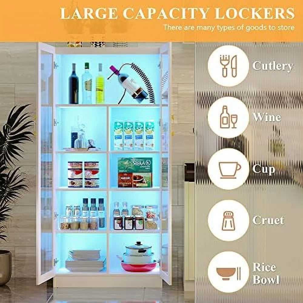 Tall Kitchen Pantry Cabinet with LED Light 5 Tier 2 Doors A71490