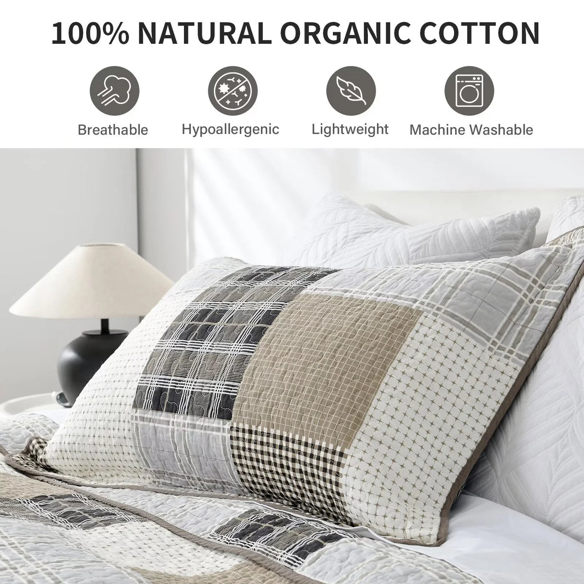 King Size 100% Cotton Beige Brown Patchwork Plaid Quilt Set 3-Piece K5475
