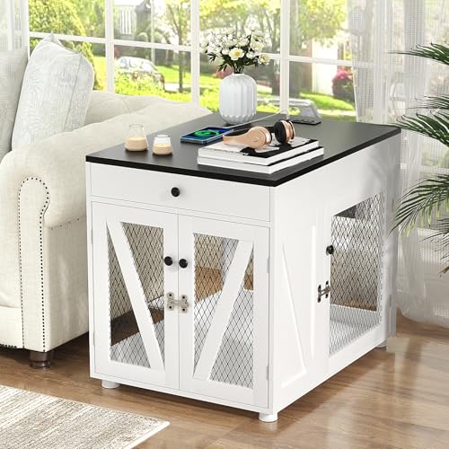 White Wooden Dog Crate End Table with Storage Drawer A110