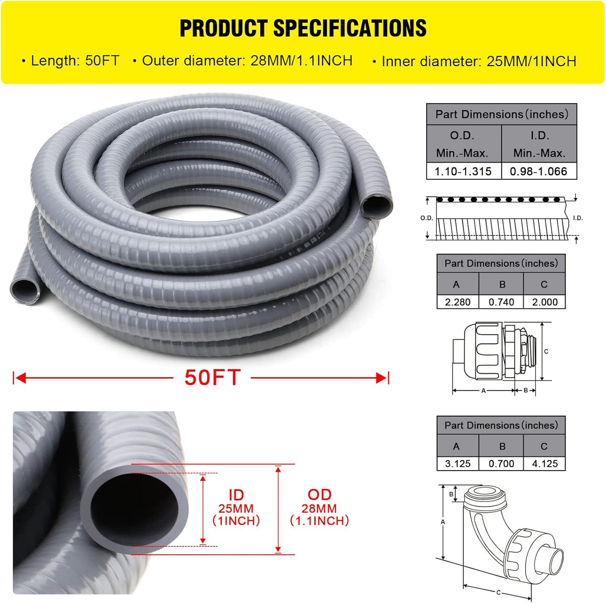1 in. 50ft Flexible Non Metallic Liquid Tight Electrical Conduit Kit with 5 Straight and 3 Angle Fittings F46571