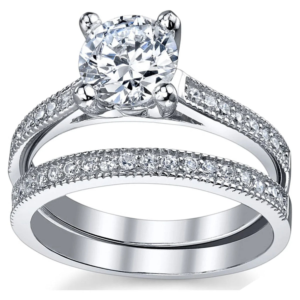 1.25 Ct Round Cubic Zirconia Sterling Silver Wedding Engagement Ring Set C8363