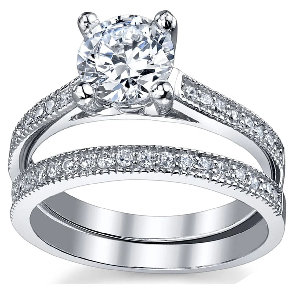 1.25 Ct Round Cubic Zirconia Sterling Silver Wedding Engagement Ring Set C8363