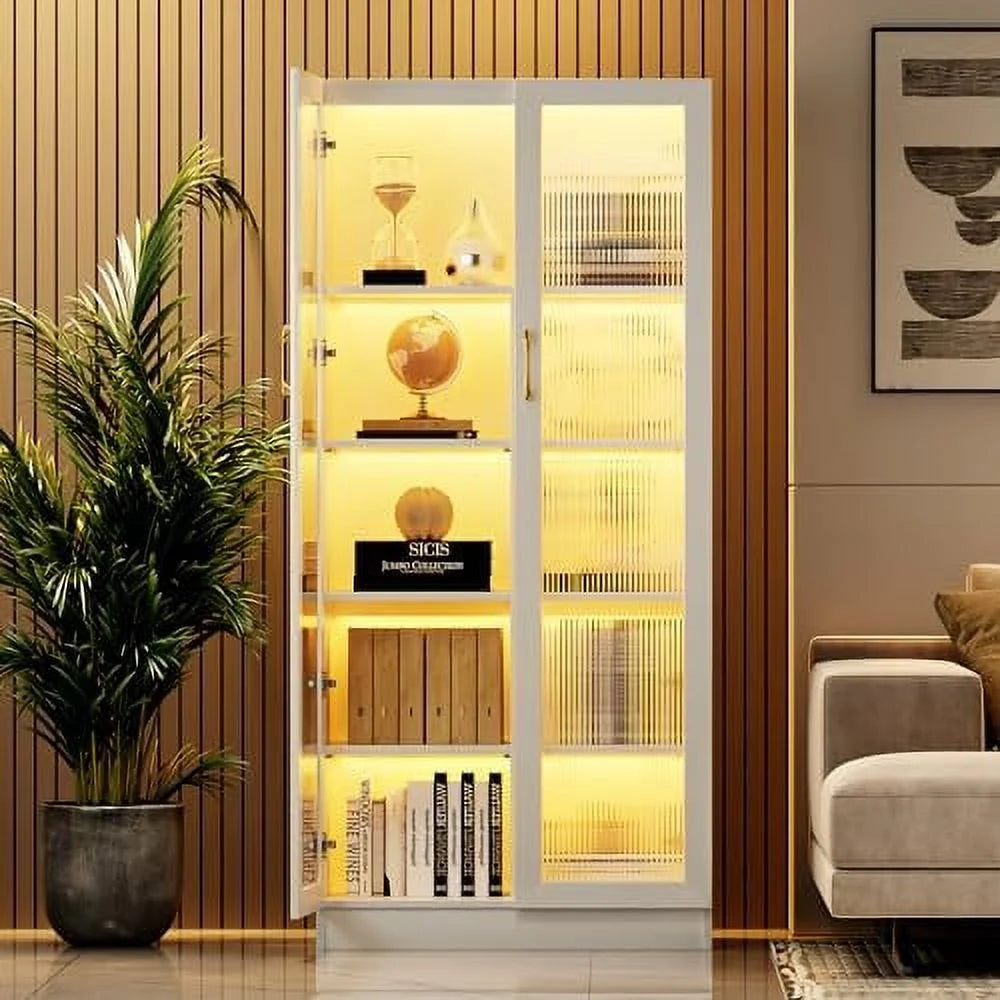 Tall Kitchen Pantry Cabinet with LED Light 5 Tier 2 Doors A71490