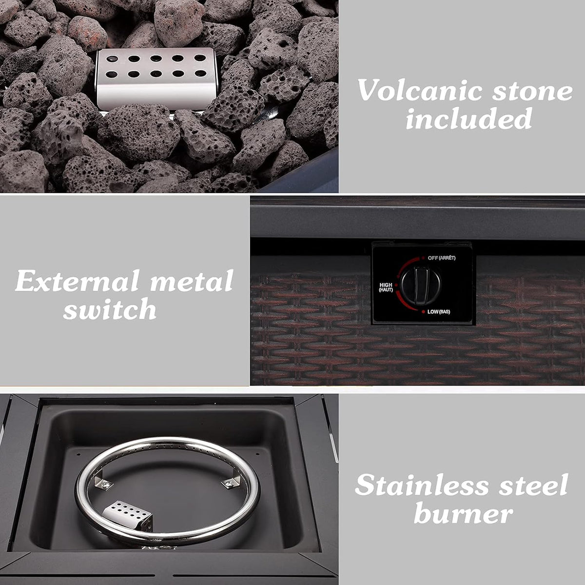 28 Inch Square Propane Fire Pit Table with Lid, Lava Stone, 50,000 BTU Auto-Ignition A807