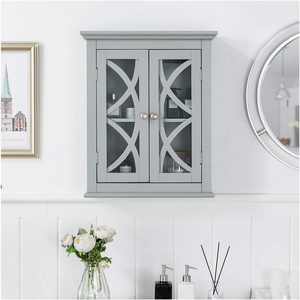 Grey Wooden Wall Storage Cabinet with Double Doors J15268