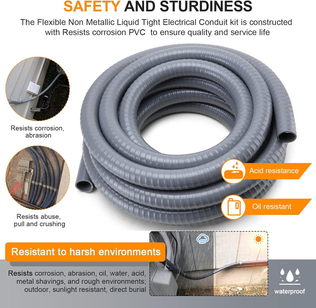 1 in. 50ft Flexible Non Metallic Liquid Tight Electrical Conduit Kit with 5 Straight and 3 Angle Fittings F46571