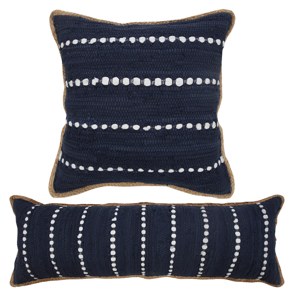 Navy Blue White Striped Jute Lumbar Throw Pillow U751851