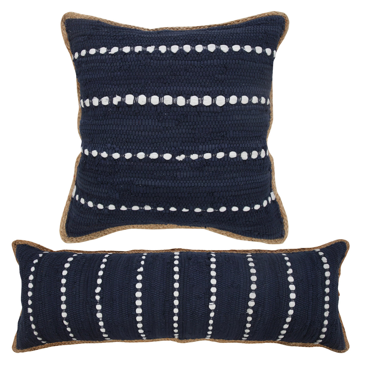 Navy Blue White Striped Jute Lumbar Throw Pillow U751851