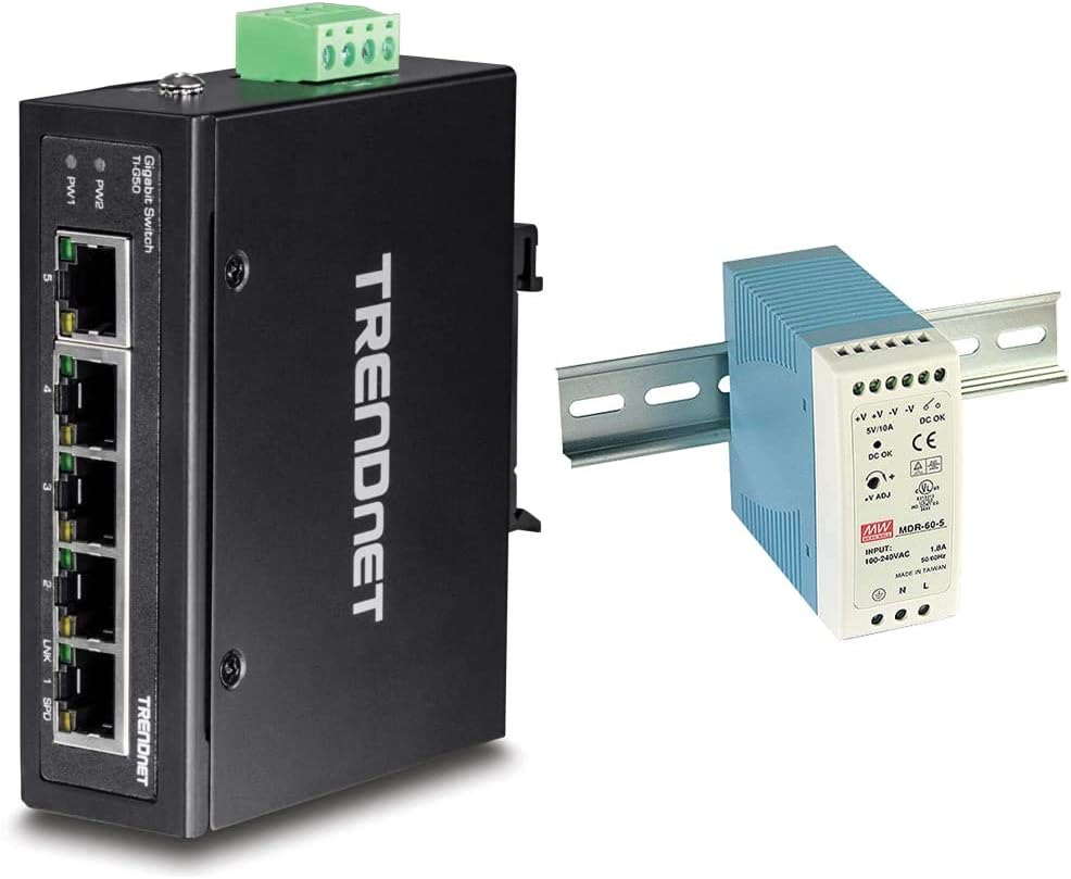 5-Port Hardened Industrial Gigabit DIN-Rail Switch, 10 Gbps Switching Capacity, IP30 Rated Network Switch, Black, 60 W Single Output Industrial DIN-Rail Power Supply G176