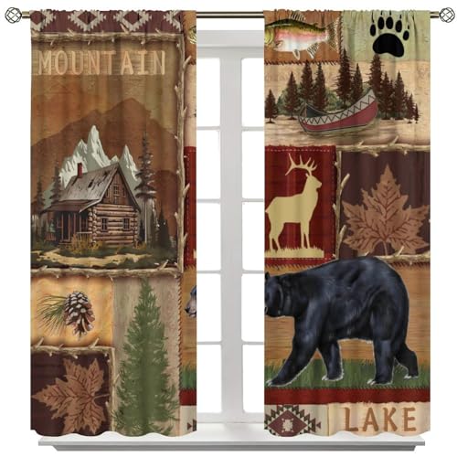 Rustic Bear Moose Deer Curtains, Retro Pine Tree Cabin Country Lodge Camping Window Treatments Vintage Tribal Aztec Abstract Geometric Blackout Window Drapes 42x63in T278