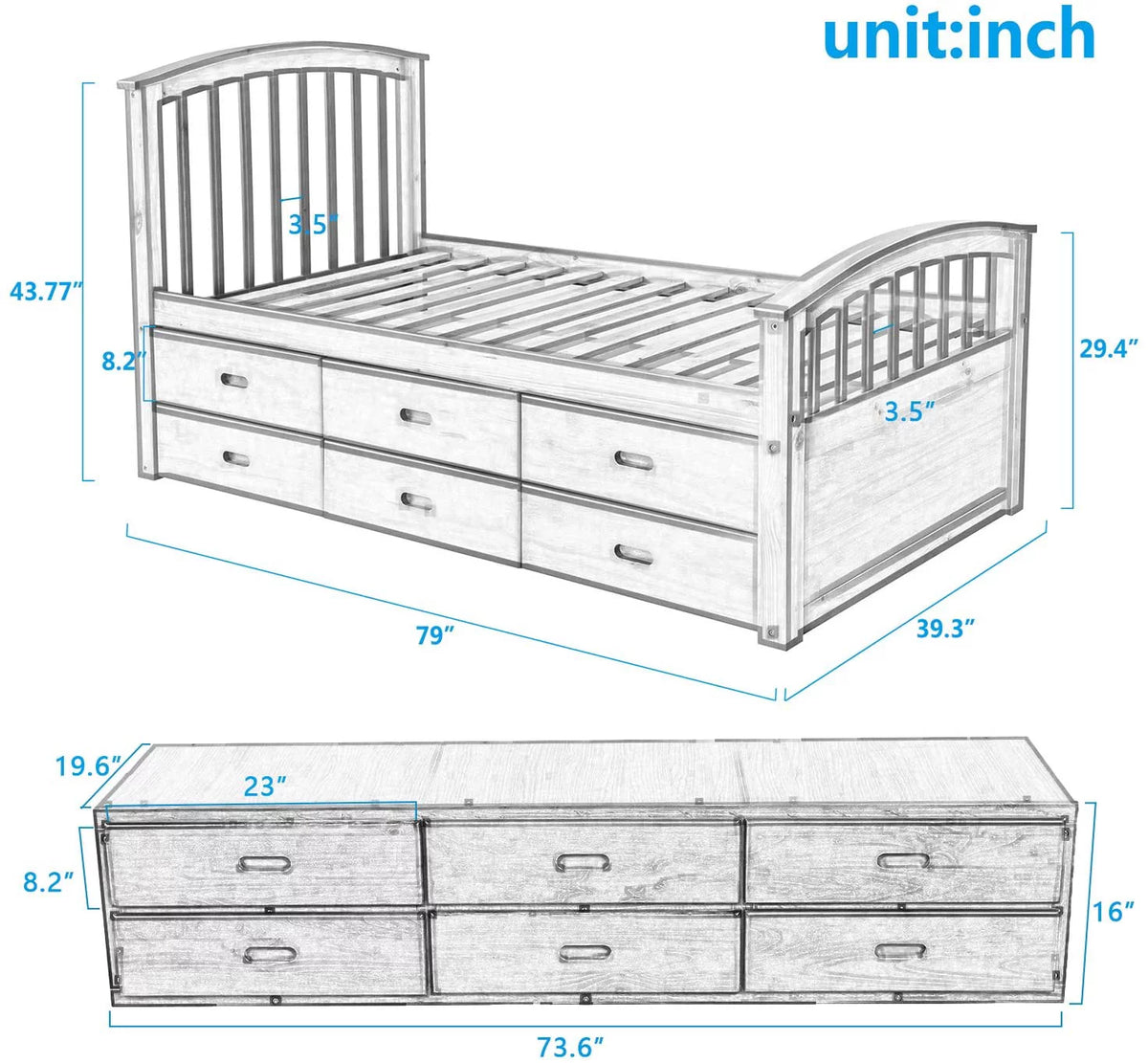 Twin Size Wood Platform Storage Bed with 6 Drawers W6128