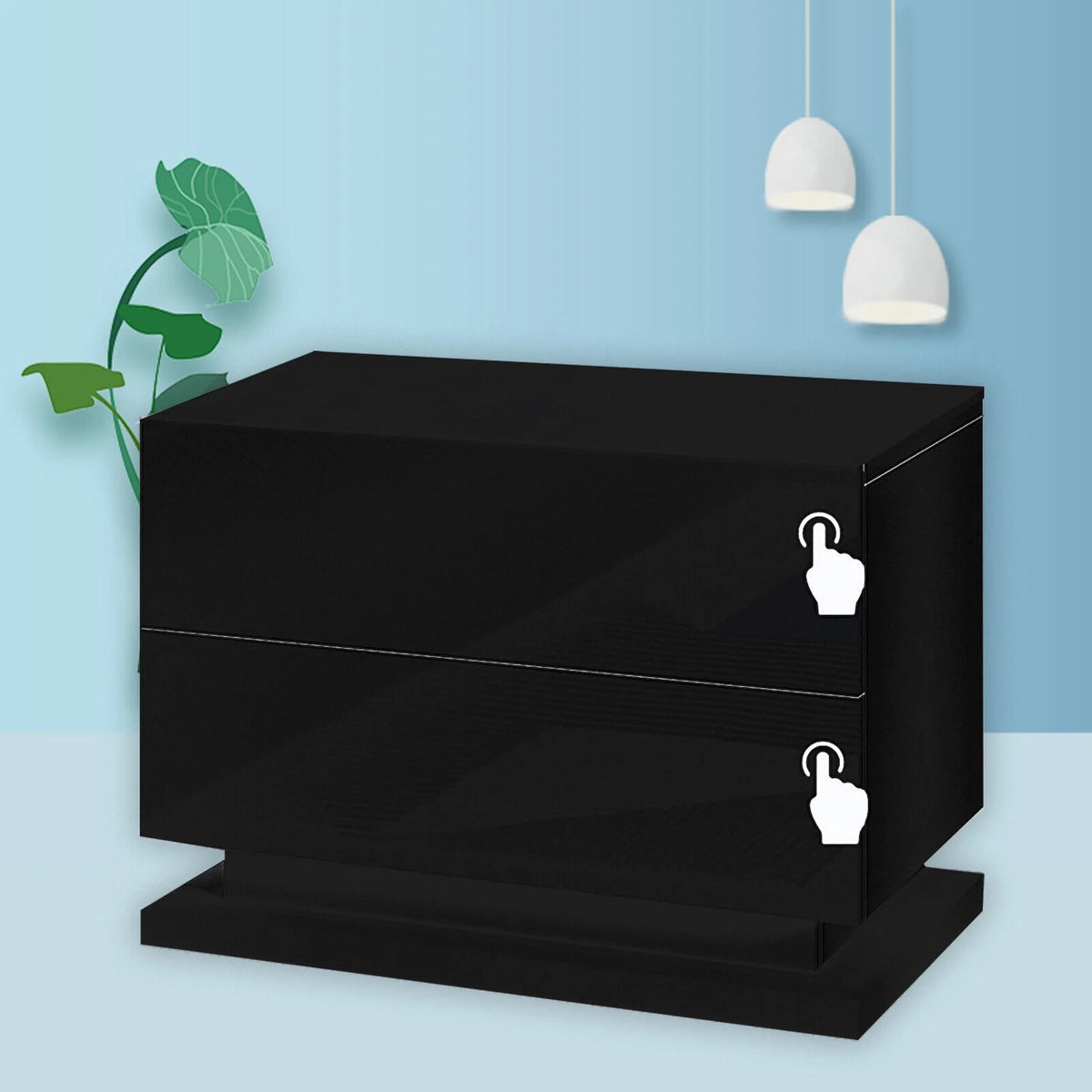 Black 2 Drawer High Gloss Nightstand X7579