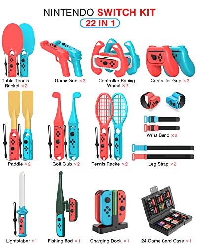 22 in 1 Switch Sports Accessories Kit with Charging Dock, Game Guns, Tennis Rackets, Golf Clubs, Wrist Bands & Leg Strap O87552